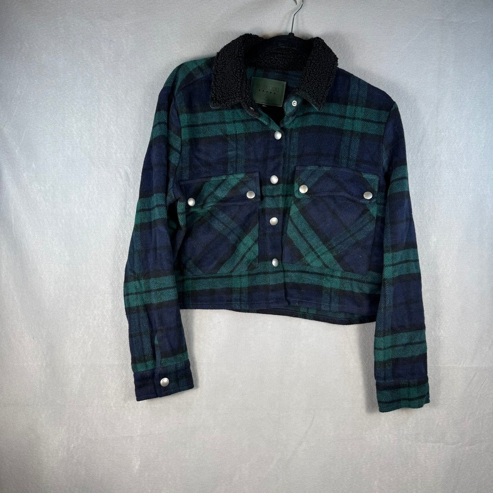 Blank NYC Plaid Cropped Shirt Jacket Green Navy Faux Fur Collar 01KP6140 Small